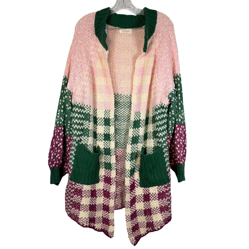 Listicle Plaid Knit Open Front Cardigan Sweater Women's Sz S Pink Green Burgundy